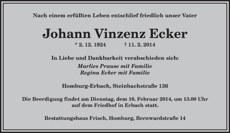  Traueranzeige für Johann Vinzenz Ecker vom 15.02.2014 aus saarbruecker_zeitung