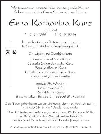 Traueranzeige von Ema Katharina Kunz von saarbruecker_zeitung