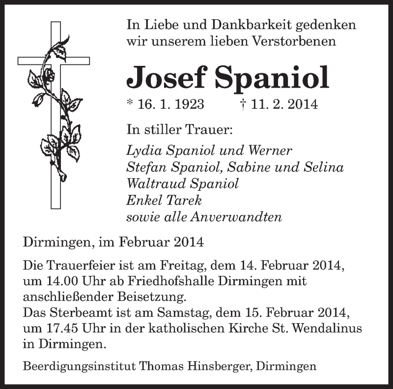 Traueranzeige für Josef Spaniol vom 13.02.2014 aus saarbruecker_zeitung