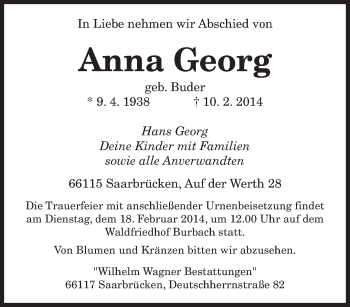 Traueranzeige von Anna Georg von saarbruecker_zeitung