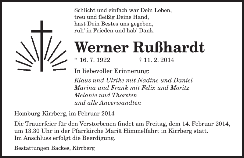  Traueranzeige für Werner Rußhardt vom 13.02.2014 aus saarbruecker_zeitung