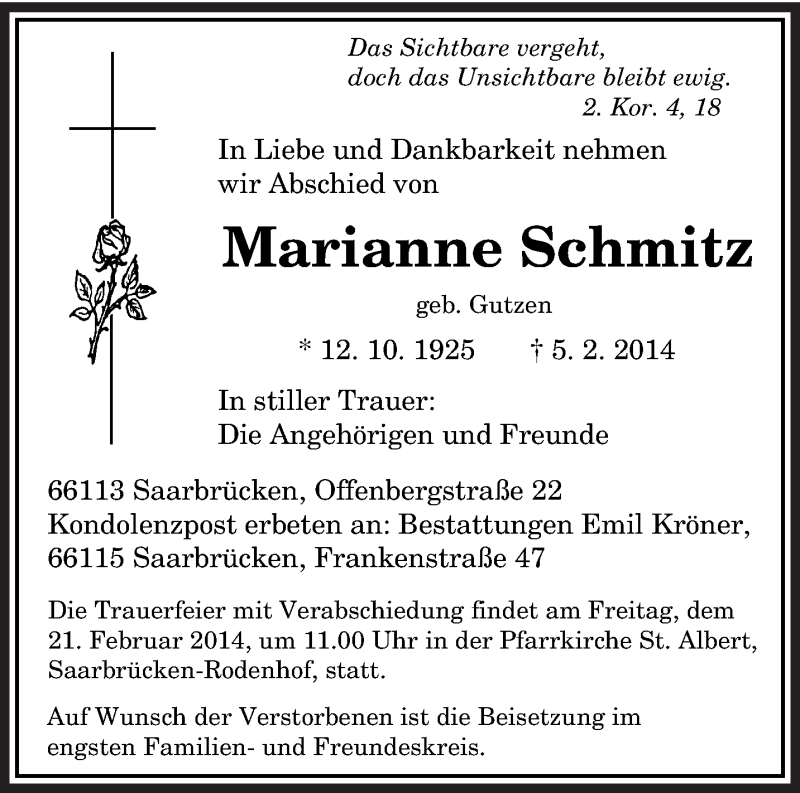  Traueranzeige für Marianne Schmitz vom 15.02.2014 aus saarbruecker_zeitung