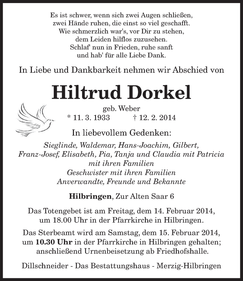  Traueranzeige für Hiltrud Dorkel vom 13.02.2014 aus saarbruecker_zeitung