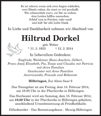 Traueranzeige von Hiltrud Dorkel von saarbruecker_zeitung