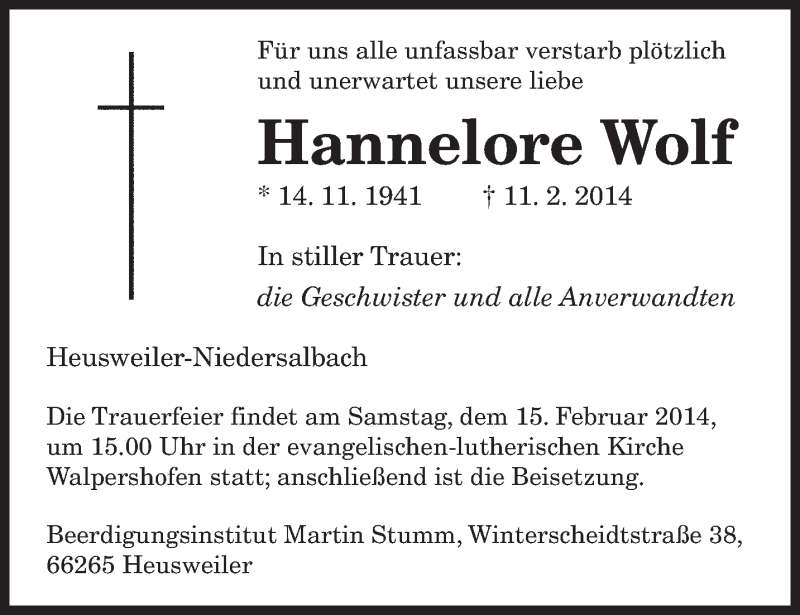  Traueranzeige für Hannelore Wolf vom 13.02.2014 aus saarbruecker_zeitung
