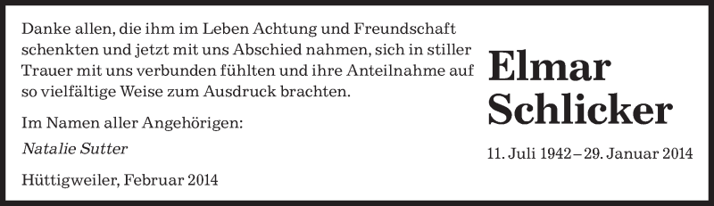  Traueranzeige für Elmar Schlicker vom 15.02.2014 aus saarbruecker_zeitung