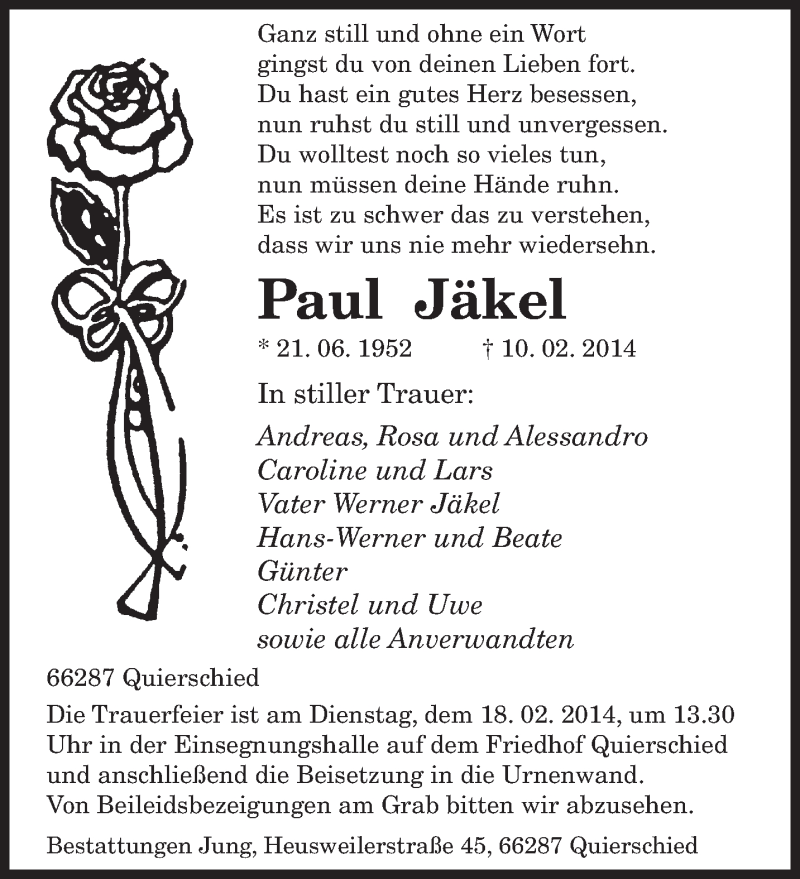 Traueranzeige für Paul Jäkel vom 15.02.2014 aus saarbruecker_zeitung