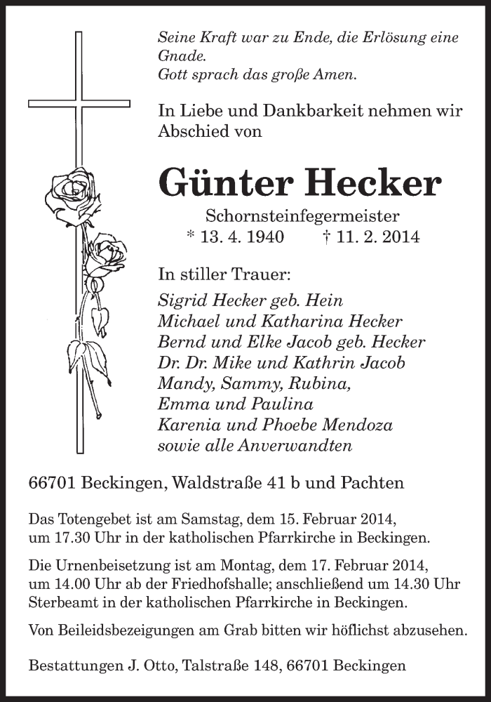  Traueranzeige für Günter Hecker vom 14.02.2014 aus saarbruecker_zeitung