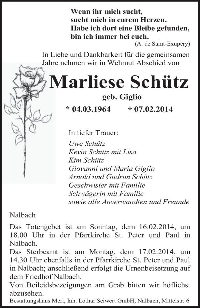  Traueranzeige für Marliese Schütz vom 14.02.2014 aus saarbruecker_zeitung