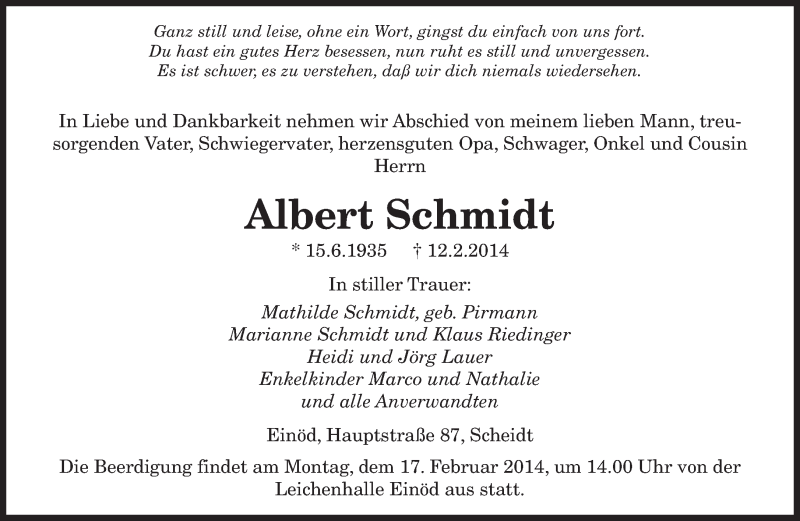  Traueranzeige für Albert Schmidt vom 15.02.2014 aus saarbruecker_zeitung