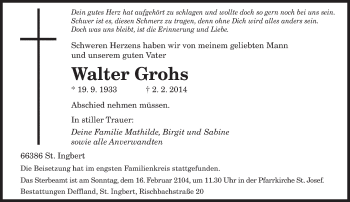 Traueranzeige von Walter Grohs von saarbruecker_zeitung