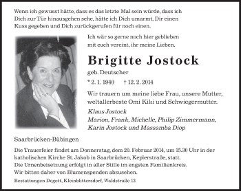 Traueranzeige von Brigitte Jostock von saarbruecker_zeitung