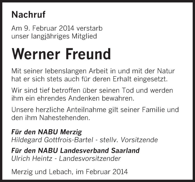  Traueranzeige für Werner Freund vom 15.02.2014 aus saarbruecker_zeitung