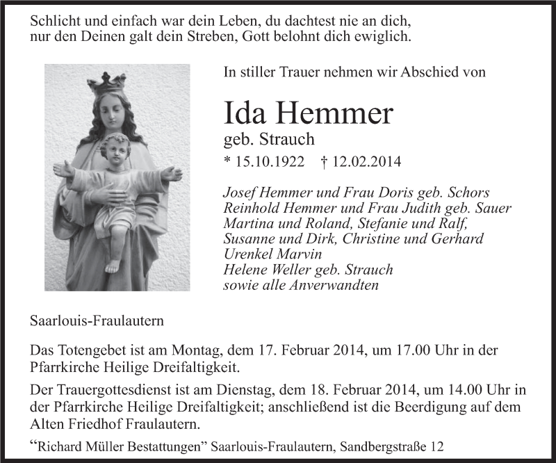  Traueranzeige für Ida Hemmer vom 15.02.2014 aus saarbruecker_zeitung