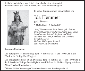 Traueranzeige von Ida Hemmer von saarbruecker_zeitung
