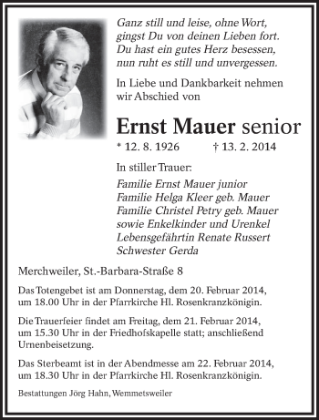 Traueranzeige von Ernst Mauer von saarbruecker_zeitung