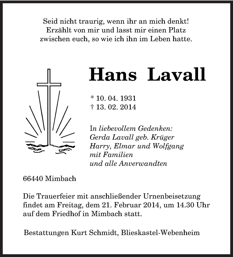 Traueranzeige für Hans Lava vom 15.02.2014 aus saarbruecker_zeitung