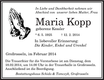 Traueranzeige von Maria Kopp von saarbruecker_zeitung