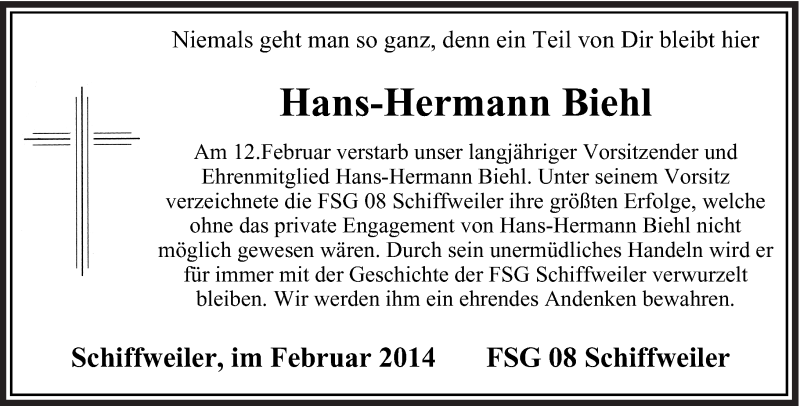 Traueranzeige für Hans-Hermann Biehl vom 15.02.2014 aus saarbruecker_zeitung