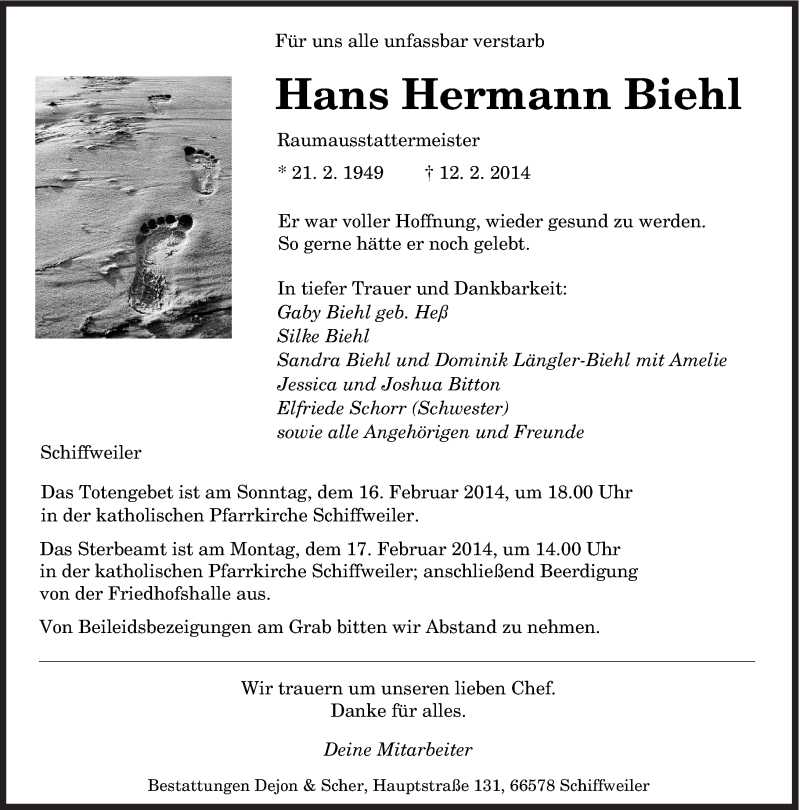  Traueranzeige für Hans Hermann Biehl vom 15.02.2014 aus saarbruecker_zeitung