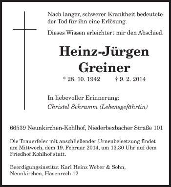 Traueranzeige von Heinz-Jürgen Greiner von saarbruecker_zeitung