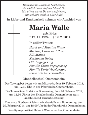 Traueranzeige von Maria Walle von saarbruecker_zeitung