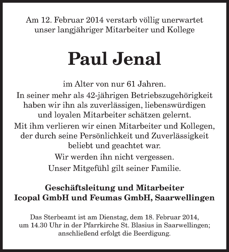  Traueranzeige für Paul Jenal vom 15.02.2014 aus saarbruecker_zeitung