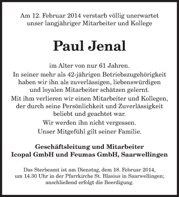 Traueranzeige von Paul Jenal von saarbruecker_zeitung