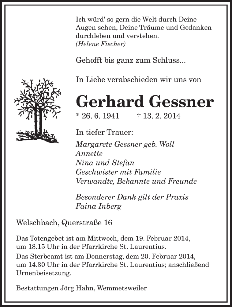  Traueranzeige für Gerhard Gessner vom 15.02.2014 aus saarbruecker_zeitung