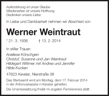 Traueranzeige von Werner Weintraut von saarbruecker_zeitung