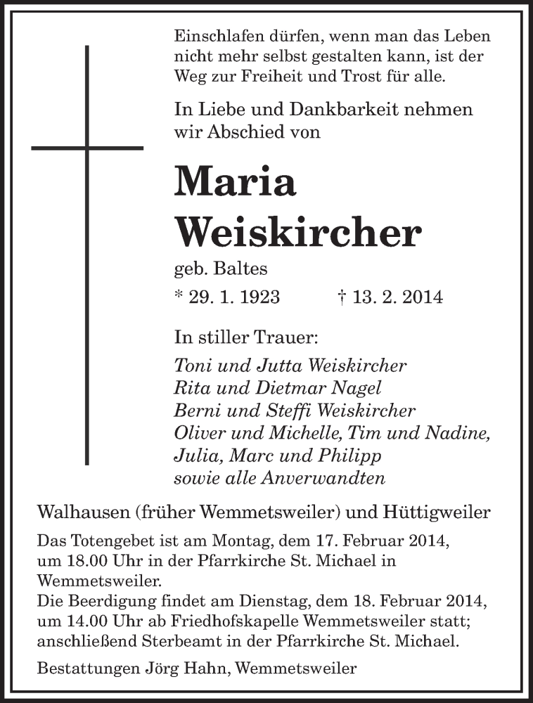  Traueranzeige für Maria Weiskircher vom 15.02.2014 aus saarbruecker_zeitung