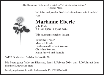 Traueranzeige von Marianne Ebene von saarbruecker_zeitung