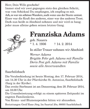 Traueranzeige von Franziska Adams von saarbruecker_zeitung