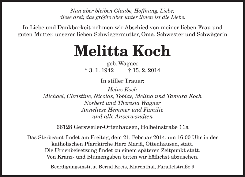  Traueranzeige für Melitta Koch vom 18.02.2014 aus saarbruecker_zeitung