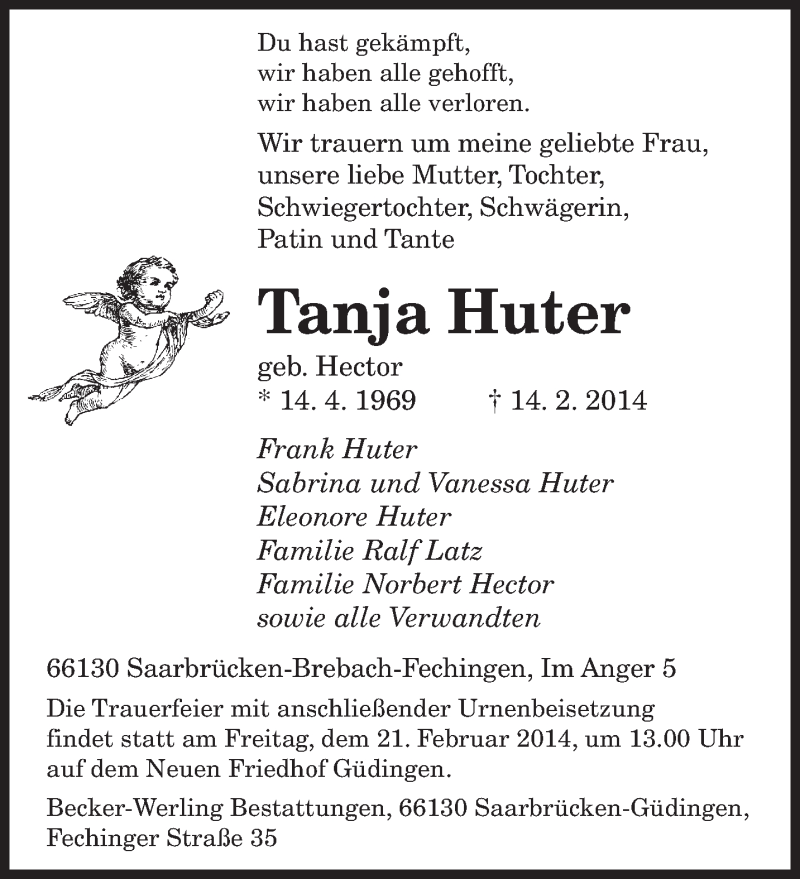  Traueranzeige für Tanja Huter vom 18.02.2014 aus saarbruecker_zeitung