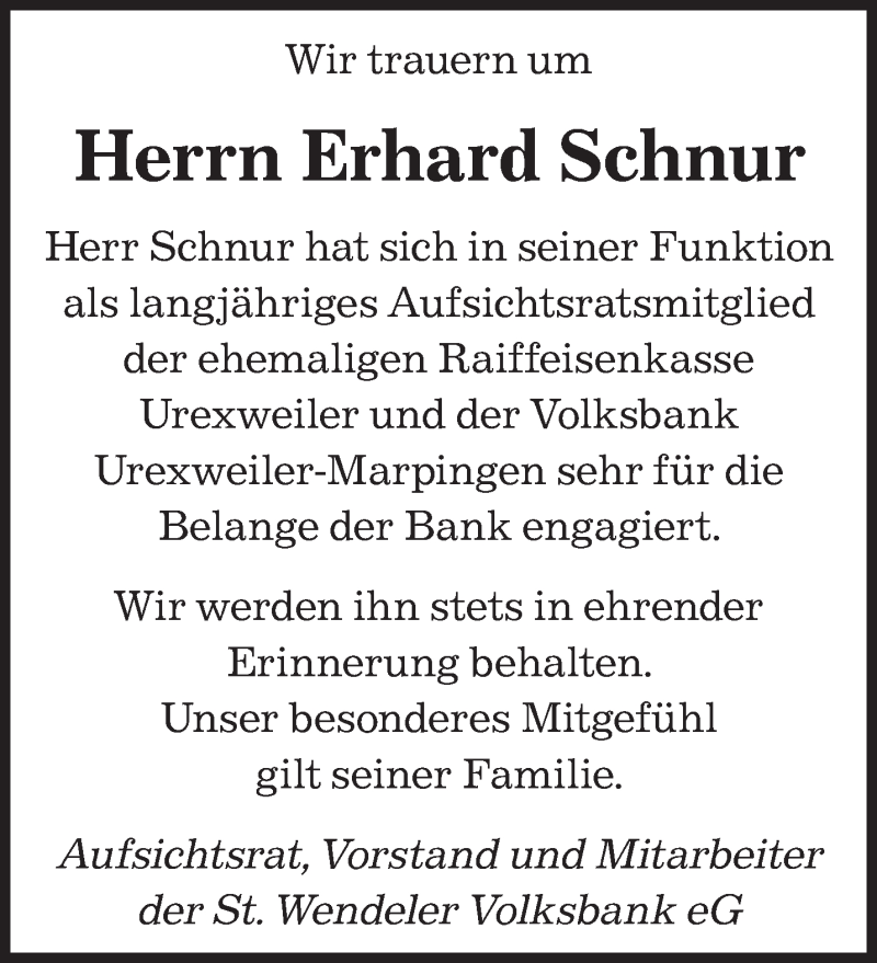  Traueranzeige für Erhard Schnur vom 20.02.2014 aus saarbruecker_zeitung