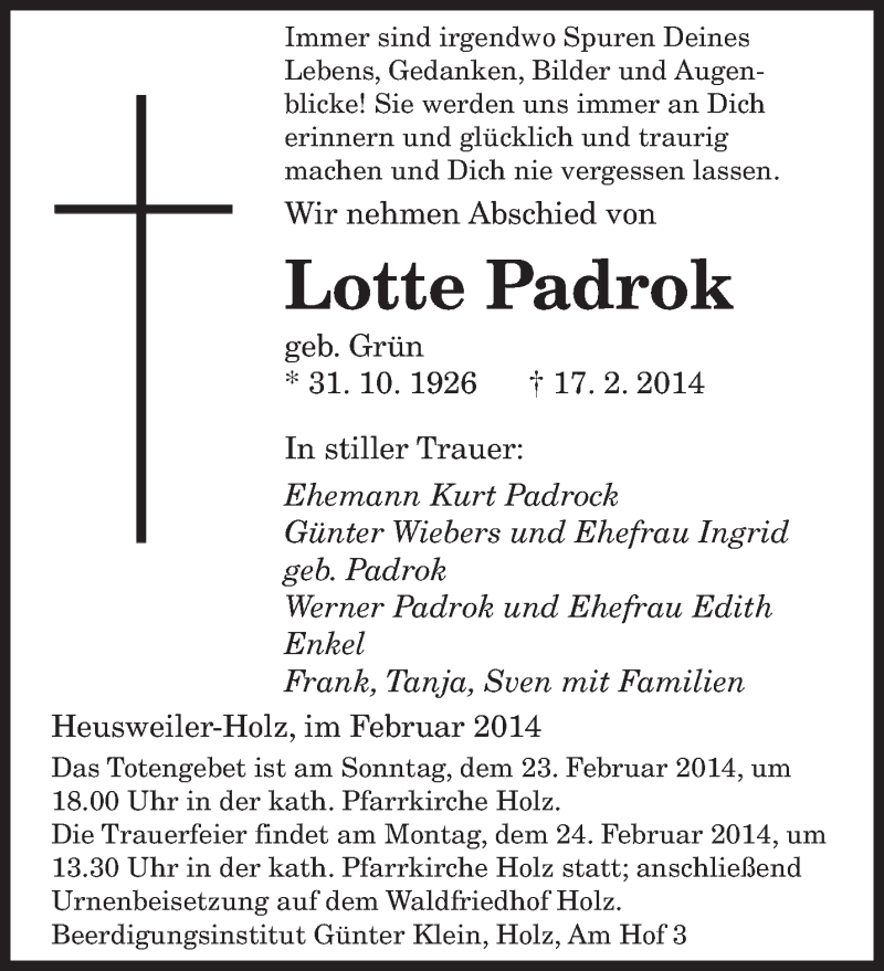  Traueranzeige für Lotte Padrok vom 22.02.2014 aus saarbruecker_zeitung