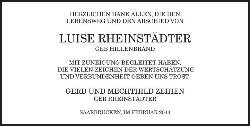  Traueranzeige für Luise Rheinstädter vom 22.02.2014 aus saarbruecker_zeitung