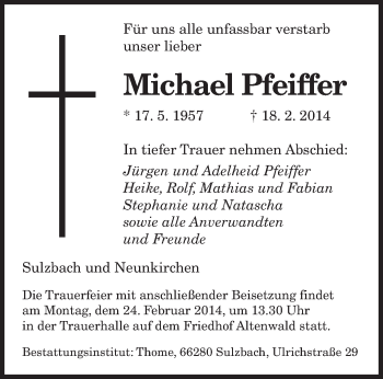 Traueranzeige von Michael Pfeiffer von saarbruecker_zeitung