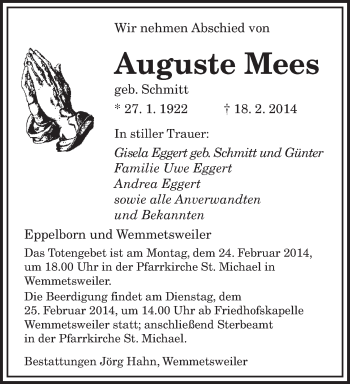 Traueranzeige von Auguste Mees von saarbruecker_zeitung