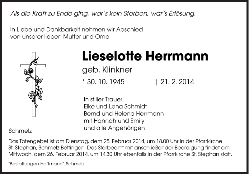  Traueranzeige für Lieselotte Herrmann vom 24.02.2014 aus saarbruecker_zeitung
