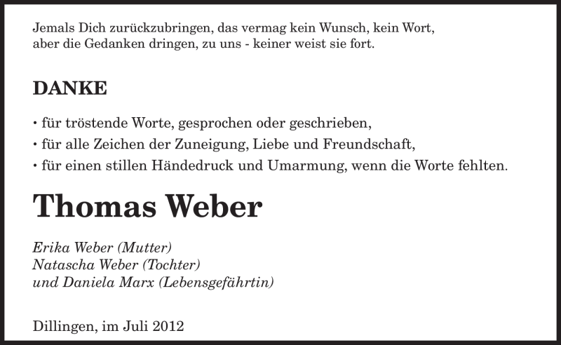  Traueranzeige für Thomas Weber vom 14.07.2012 aus SAARBRÜCKER ZEITUNG