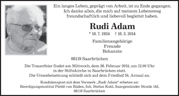 Traueranzeige von Rudi Adam von saarbruecker_zeitung