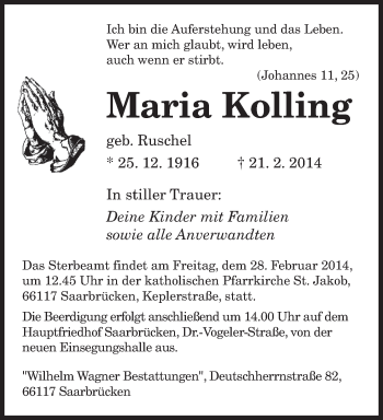 Traueranzeige von Maria Kolling von saarbruecker_zeitung