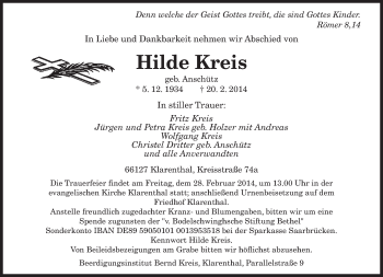 Traueranzeige von Hilde Kreis von saarbruecker_zeitung