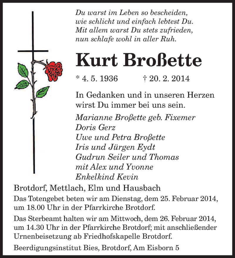  Traueranzeige für Kurt Broßette vom 24.02.2014 aus saarbruecker_zeitung