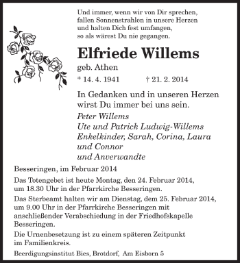 Traueranzeige von Elfriede Willems von saarbruecker_zeitung