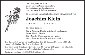 Traueranzeige von Joachim Klein von saarbruecker_zeitung