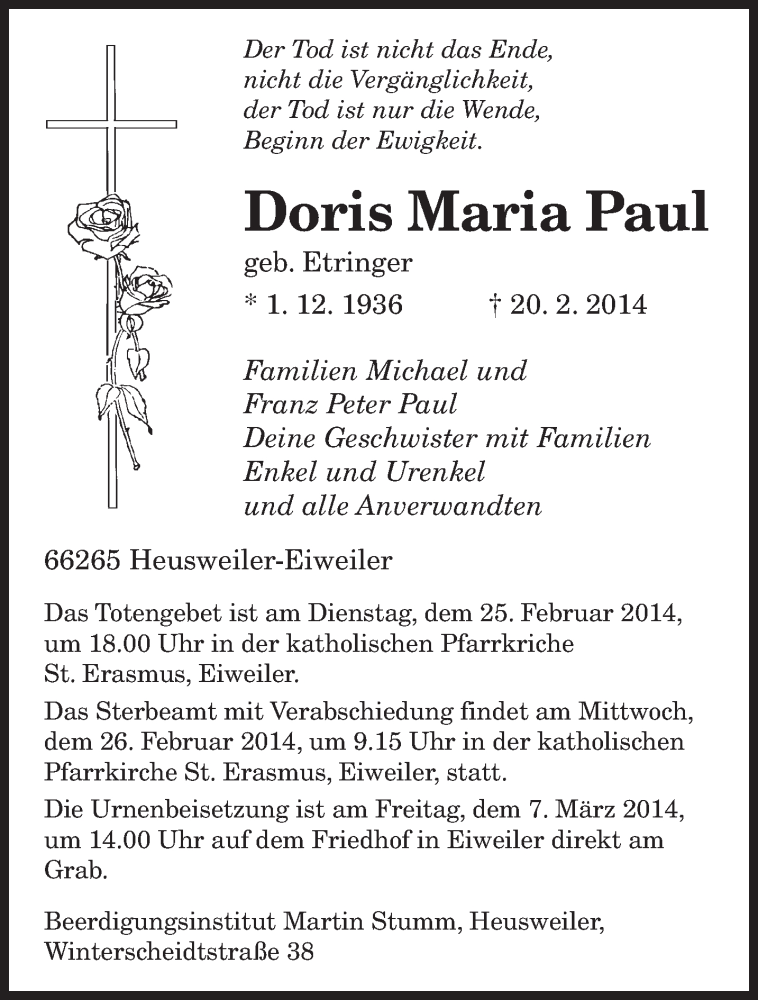  Traueranzeige für Doris Maria Paul vom 24.02.2014 aus saarbruecker_zeitung