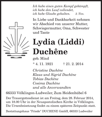 Traueranzeige von Lydia Duchêne von saarbruecker_zeitung